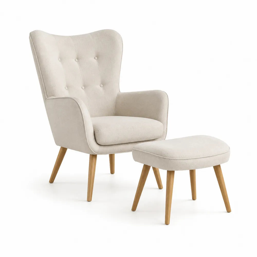 Fauteuil avec repose-pieds en tissu polyester effet lin structure bois de hêtre massif beige 72 cm x 78 cm x 98 cm
