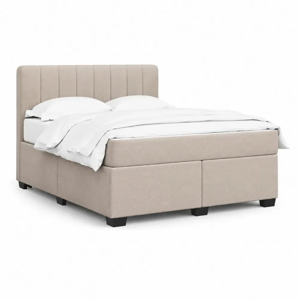 Lit 160 x 200 cm avec rangement 2 tiroirs tête de lit capitonnée verticale tissu polyester beige pieds noirs