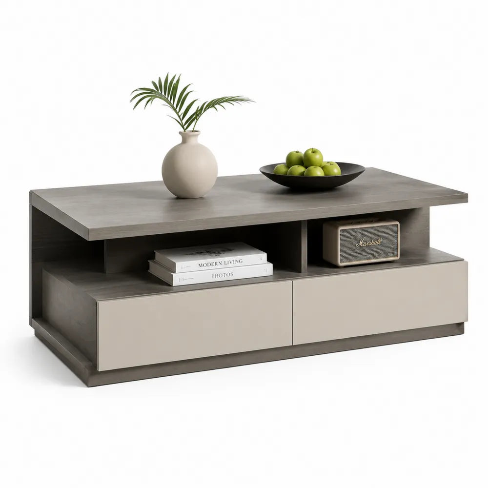 Table basse rectangulaire 2 tiroirs 2 niches ouvertes MDF mélaminé chêne gris et beige 120 cm x 60 cm x 40 cm