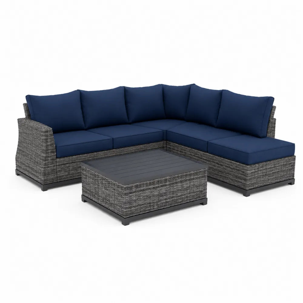 Salon de jardin d’angle modulable résine tressée gris canapé 5 places table basse 250 cm x 190 cm x 70 cm