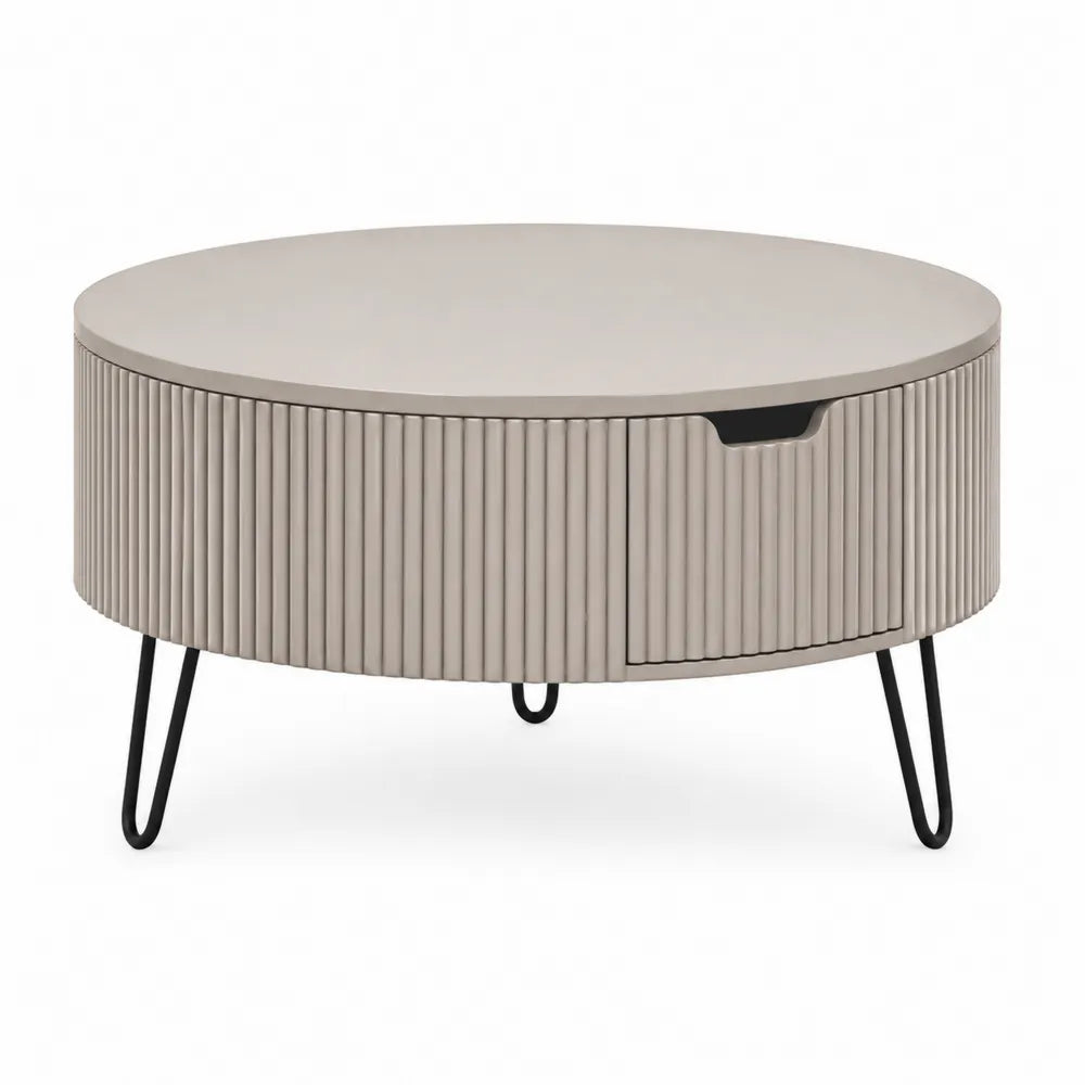 Table basse ronde avec tiroir MDF mélaminé effet pierre structure acier noir diamètre 80 cm hauteur 45 cm