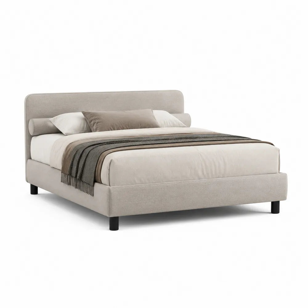 Lit double 160 x 200 cm cadre rembourré tête de lit tissu polyester beige pieds acier noir structure rectangulaire