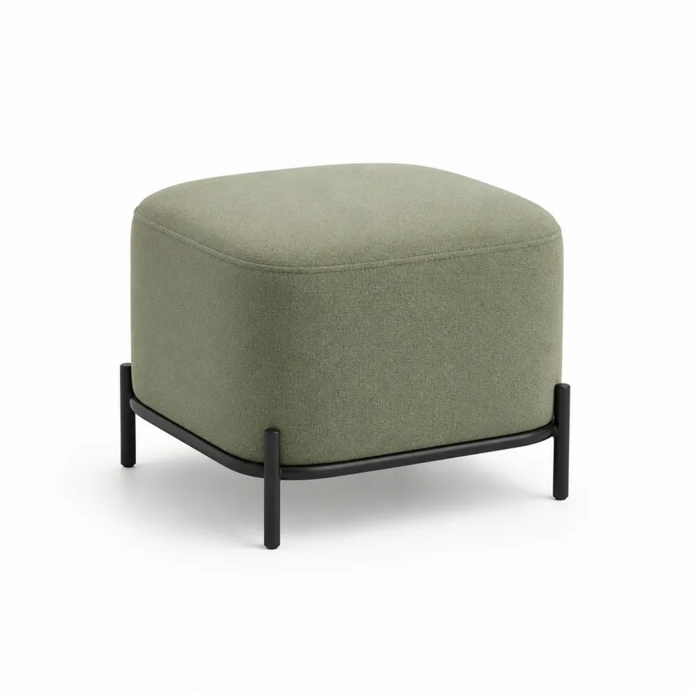 Repose-pieds carré tissu polyester vert sauge structure acier noir 55 cm x 55 cm x 42 cm