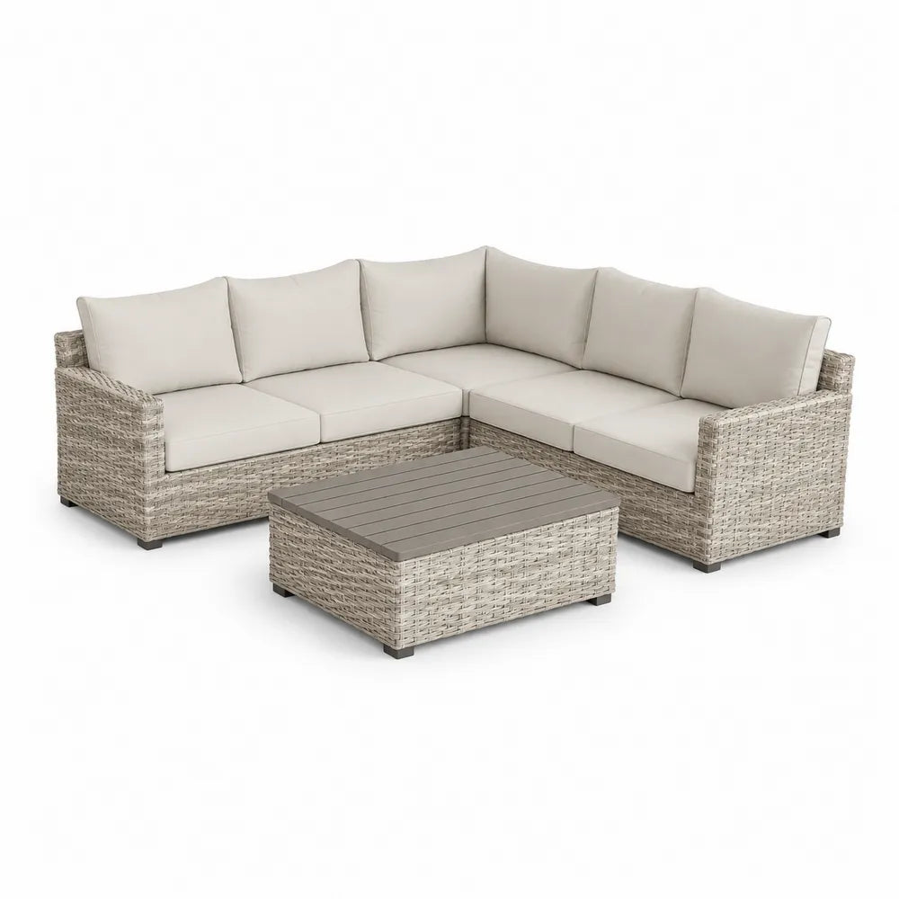 Salon de jardin canapé d’angle 4 places en résine tressée beige gris avec table basse plateau bois structure aluminium 220 cm x 150 cm x 70 cm