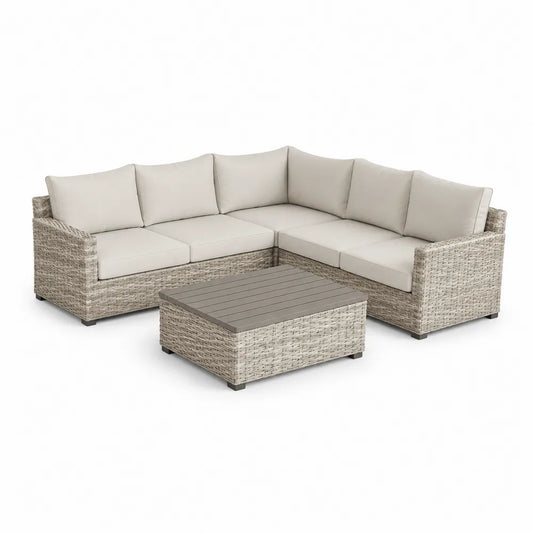 Salon de jardin canapé d’angle 4 places en résine tressée beige gris avec table basse plateau bois structure aluminium 220 cm x 150 cm x 70 cm