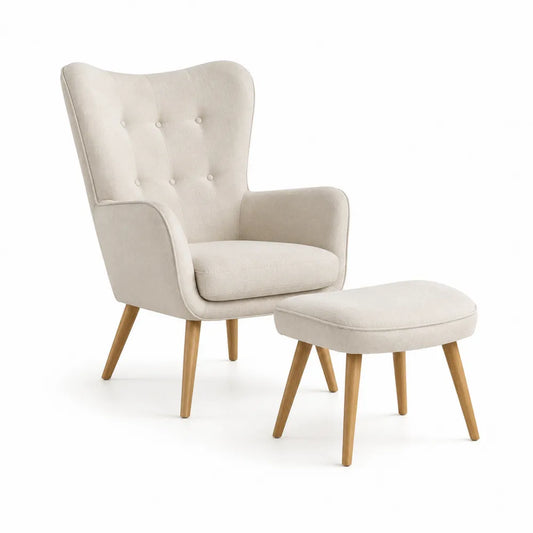 Fauteuil avec repose-pieds en tissu polyester effet lin structure bois de hêtre massif beige 72 cm x 78 cm x 98 cm