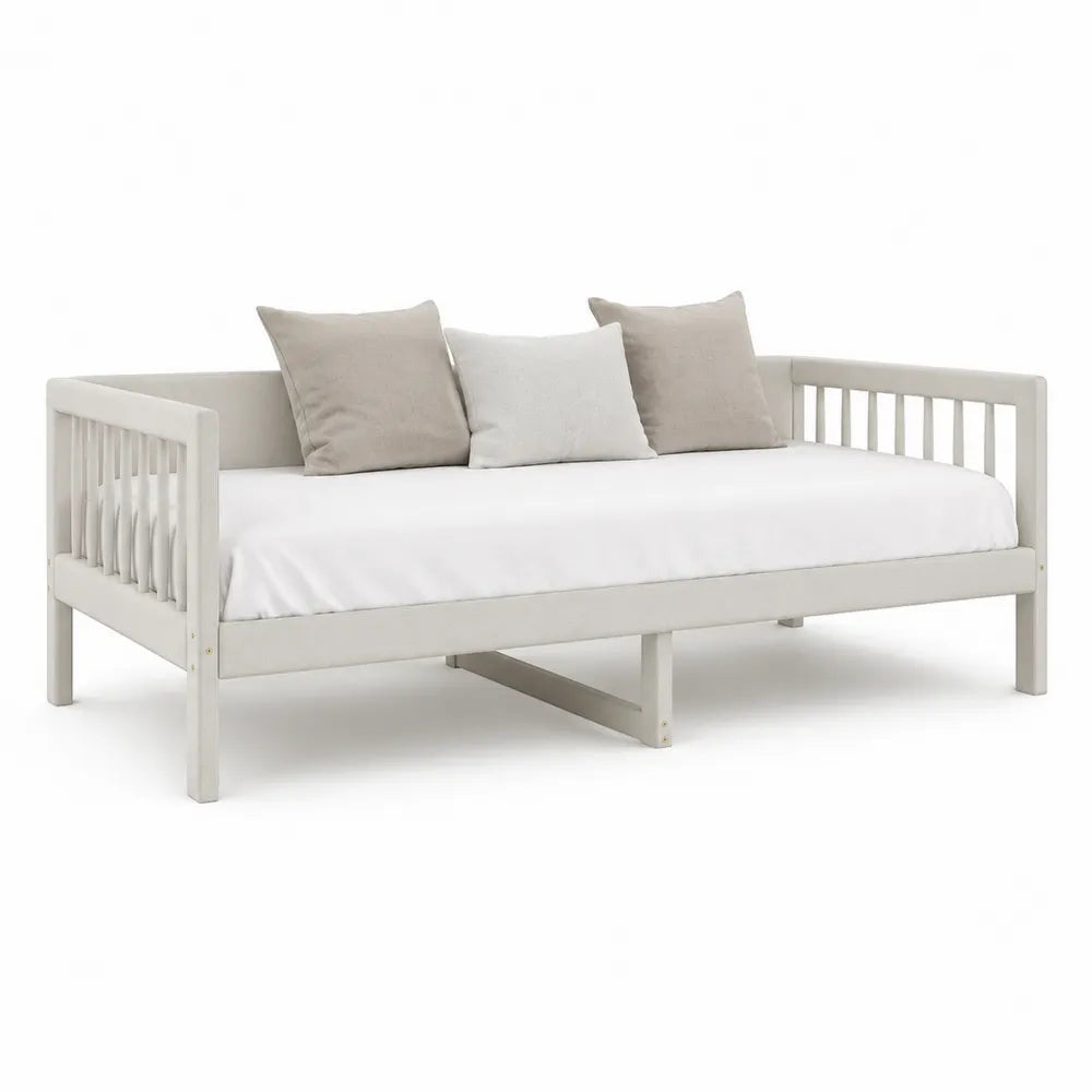 Lit banquette 90 x 200 cm en bois peint beige avec accoudoirs à barreaux sommier à lattes cadre de lit