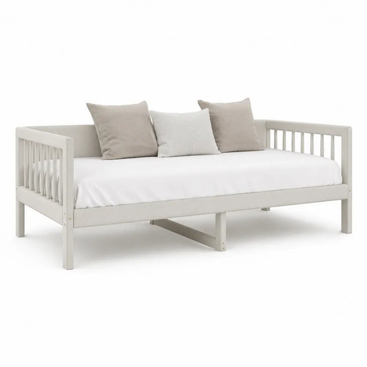 Lit banquette 90 x 200 cm en bois peint beige avec accoudoirs à barreaux sommier à lattes cadre de lit