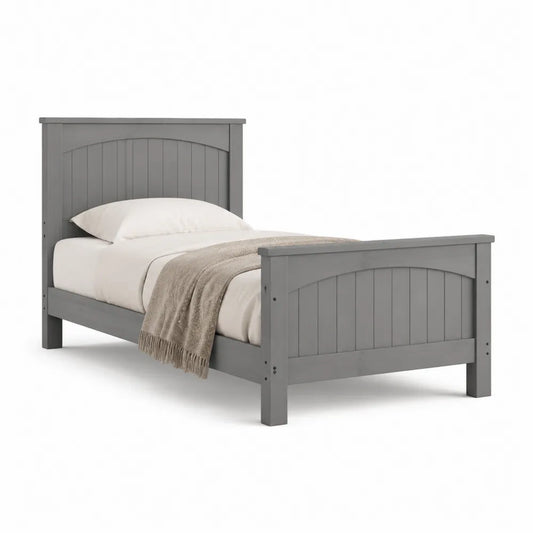 Lit simple 90 x 200 cm bois de pin gris tête et pied de lit à lattes verticales courbées cadre en bois