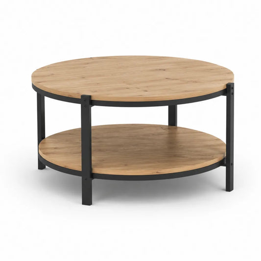 Table basse ronde 80 x 80 x 45 cm plateau bois MDF décor chêne naturel étagère inférieure structure acier noir forme circulaire