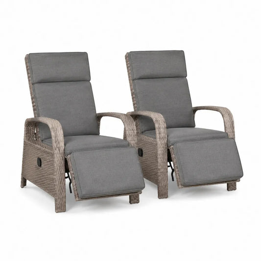 Lot de 2 bains de soleil fauteuils inclinables résine tressée PE aluminium gris beige avec repose-jambes coussins polyester 65 x 160 x 110 cm