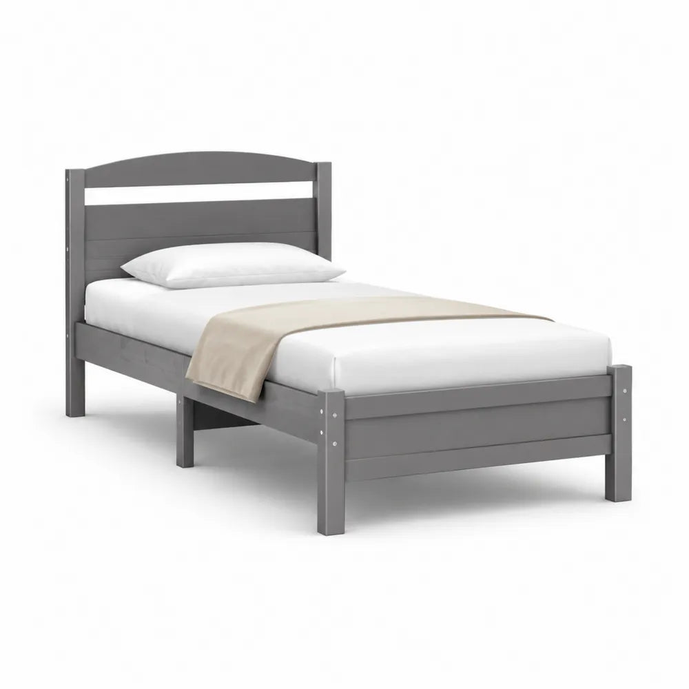 Lit simple 90 x 200 cm cadre en bois de pin gris avec tête et pied de lit sommier à lattes
