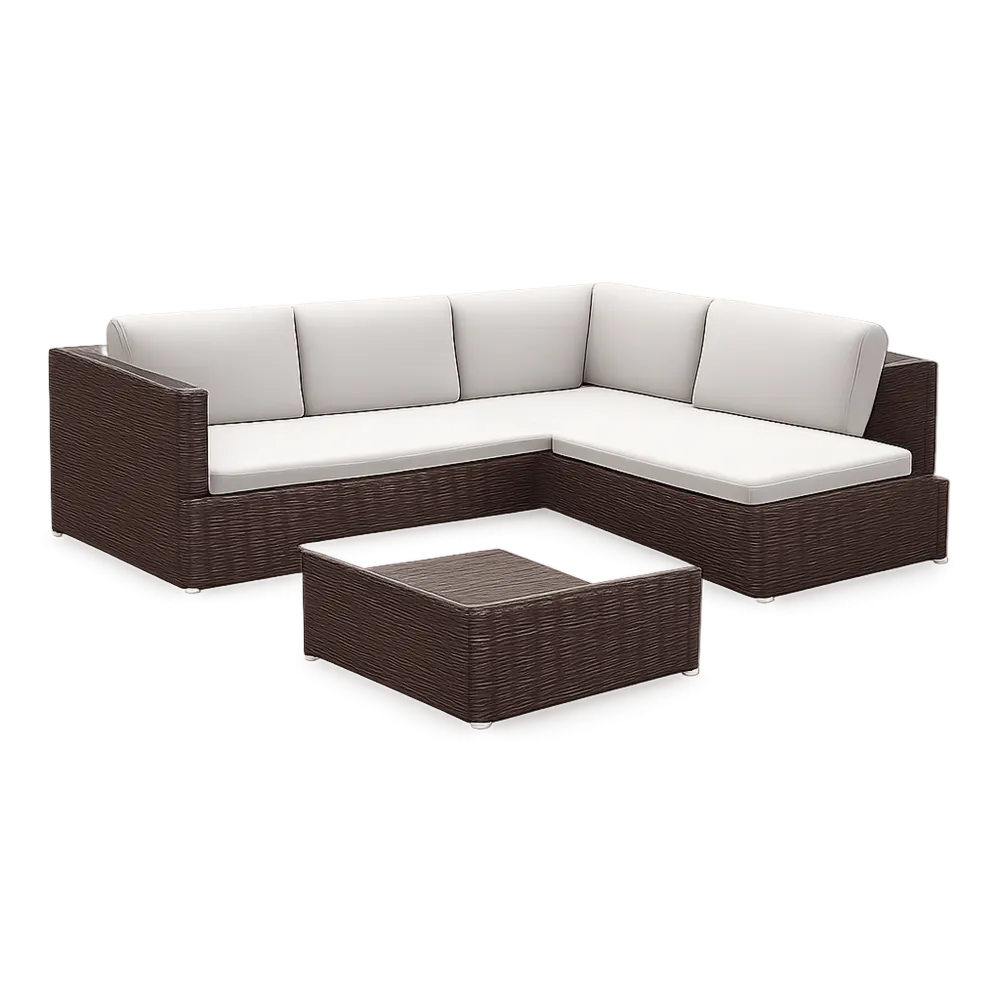 Salon de jardin d’angle avec table basse résine tressée marron foncé coussins écru forme L