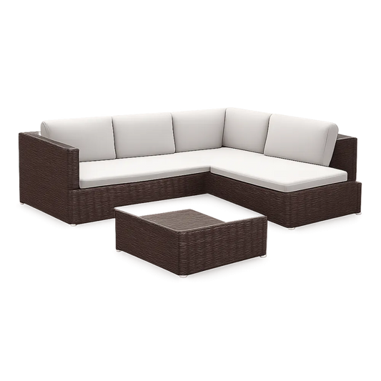 Salon de jardin d’angle avec table basse résine tressée marron foncé coussins écru forme L