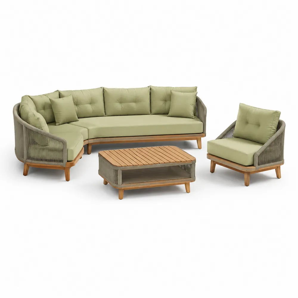 Salon de jardin canapé d angle modulable 4 pièces aluminium résine tressée PE corde polyester mousse polyuréthane bois d acacia forme angle vert beige gris 260 cm 200 cm 75 cm