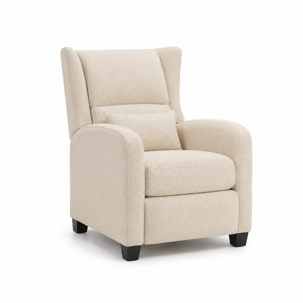 Fauteuil de salon 80 x 85 x 100 cm dossier haut accoudoirs arrondis revêtement tissu bouclé beige pieds noirs structure bois et contreplaqué