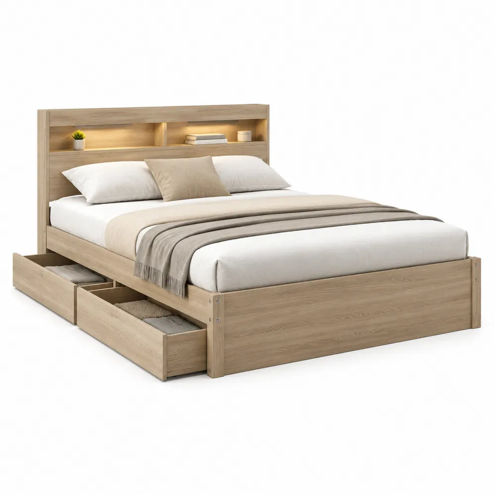 Lit double 160 x 200 cm tête de lit avec niches intégrées éclairées bois naturel beige cadre avec tiroirs de rangement