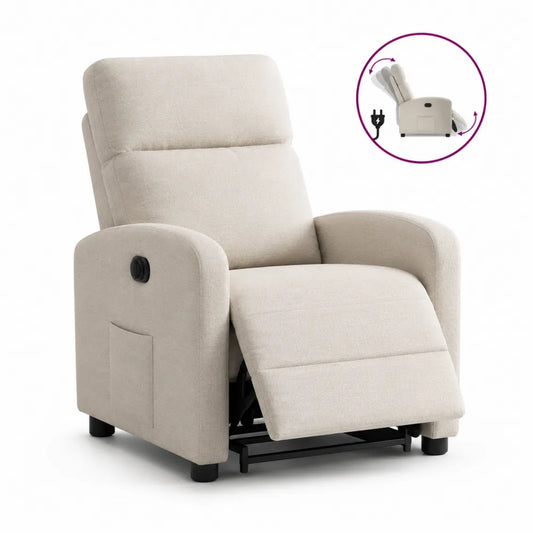 Fauteuil relax électrique inclinable avec repose-pieds intégré tissu polyester beige structure bois et métal 75 cm x 90 cm x 105 cm