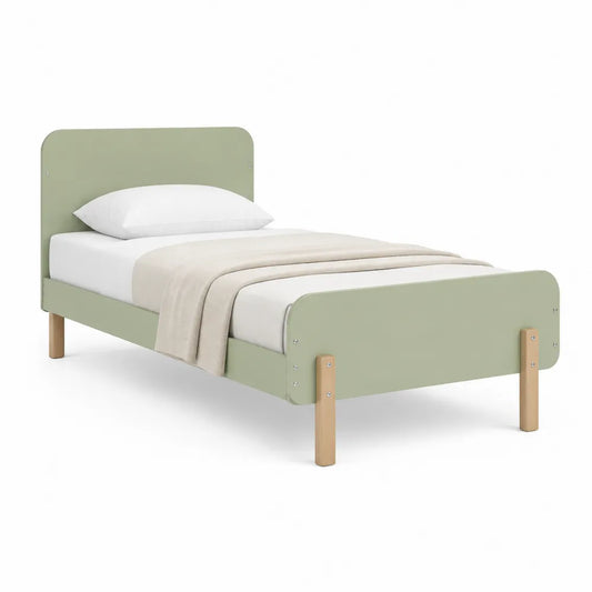 Lit simple 90 x 200 cm cadre de lit tête et pied arrondis panneaux MDF vert sauge pieds bois massif forme rectangulaire