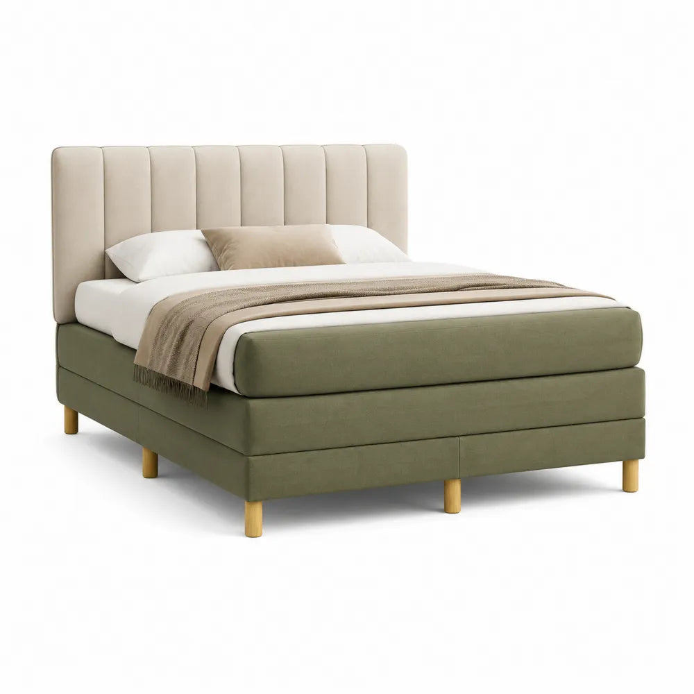 Lit double 160 x 200 cm cadre de lit tête de lit rembourrée verticale tissu polyester vert olive et beige pieds bois massif forme rectangulaire