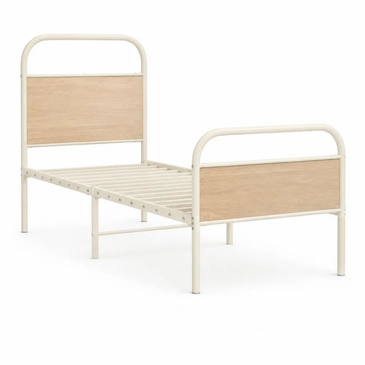 Lit simple 90 x 200 cm cadre en acier tubulaire crème tête et pied arrondis panneaux MDF imitation bois clair sommier à lattes forme rectangulaire
