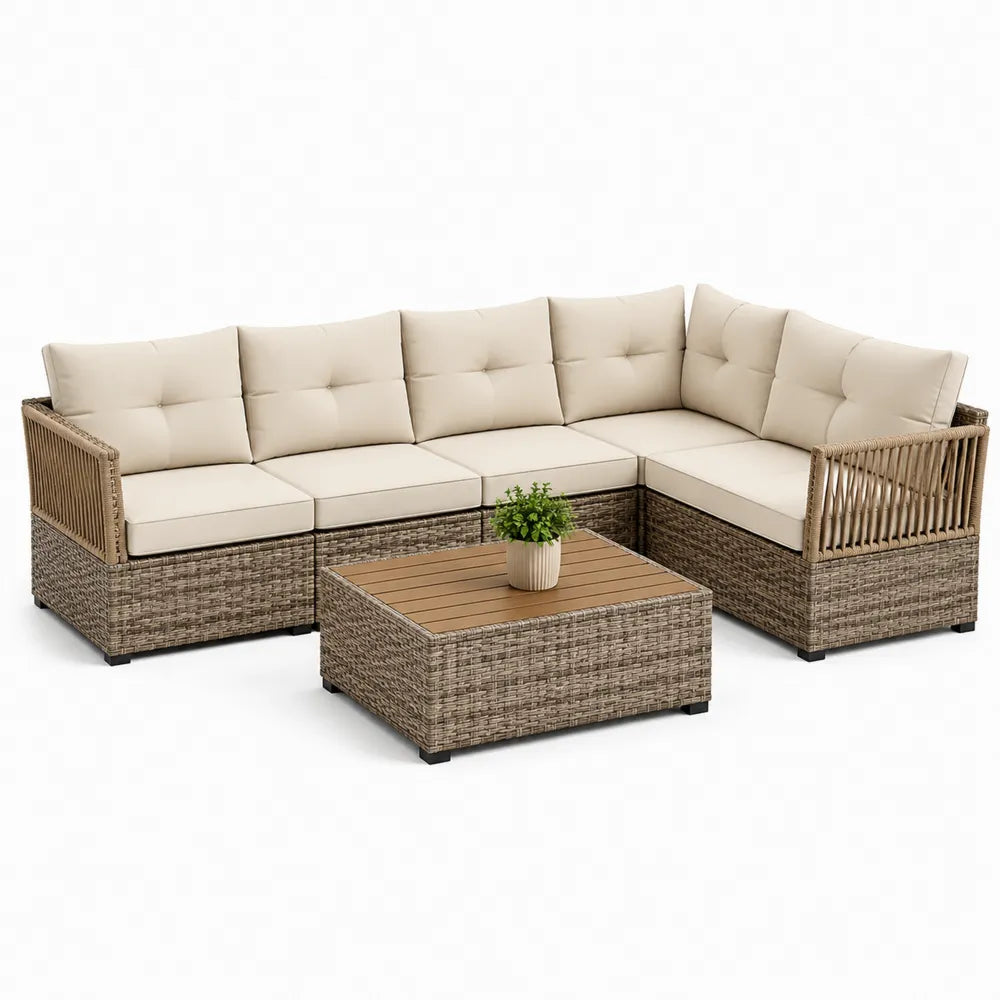 Salon de jardin canapé d’angle modulable 5 pièces en résine tressée gris avec coussins beige et table basse plateau bois 260 cm x 200 cm x 70 cm
