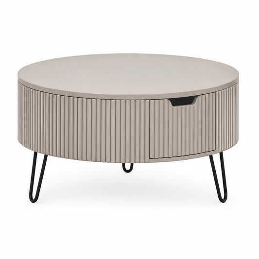 Table basse ronde avec tiroir MDF mélaminé effet pierre structure acier noir diamètre 80 cm hauteur 45 cm