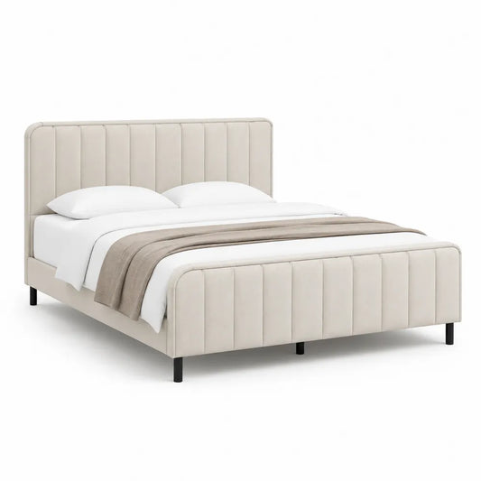 Lit double 160 x 200 cm cadre rembourré tête capitonnée verticale tissu polyester beige pieds métal noir