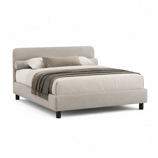 Lit double 160 x 200 cm cadre rembourré tête de lit tissu polyester beige pieds acier noir structure rectangulaire