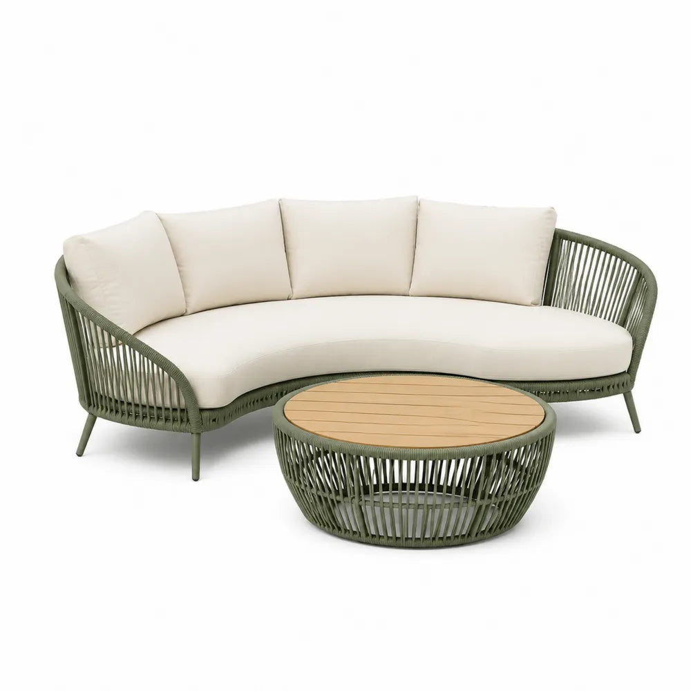 Salon de jardin 2 pièces canapé 3 places arrondi corde PE vert sauge coussins polyester beige table basse ronde bois acacia 220 x 90 x 76 cm table diamètre 80 x 38 cm