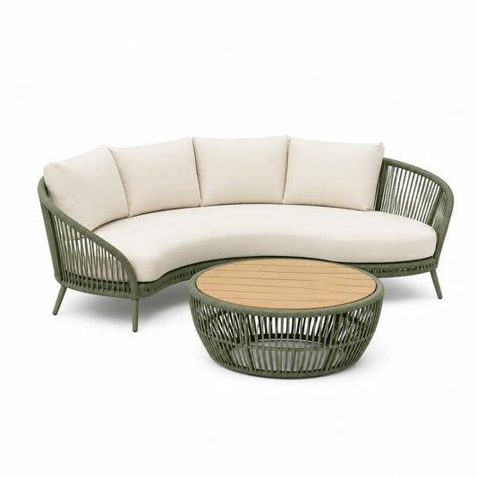 Salon de jardin 2 pièces canapé 3 places arrondi corde PE vert sauge coussins polyester beige table basse ronde bois acacia 220 x 90 x 76 cm table diamètre 80 x 38 cm