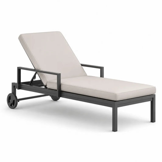 Bain de soleil avec roulettes dossier inclinable structure acier thermolaqué coussin polyester mousse polyuréthane beige noir 200 cm 70 cm 35 cm