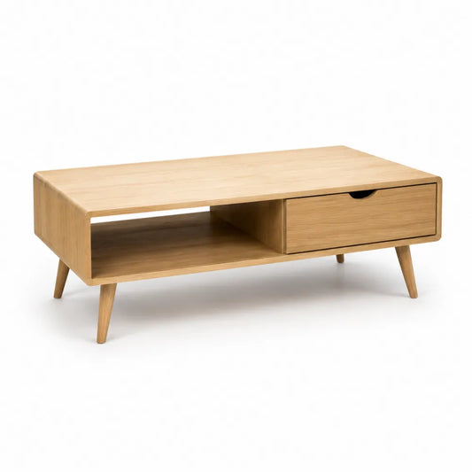 Table basse rectangulaire en MDF effet chêne clair avec tiroir et niche ouverte pieds en bois massif 100 cm x 50 cm x 45 cm