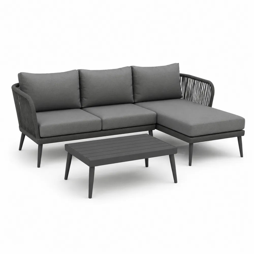 Salon de jardin canapé d’angle 3 places avec méridienne en corde tressée gris foncé structure aluminium table basse métal noir 200 cm x 140 cm x 70 cm