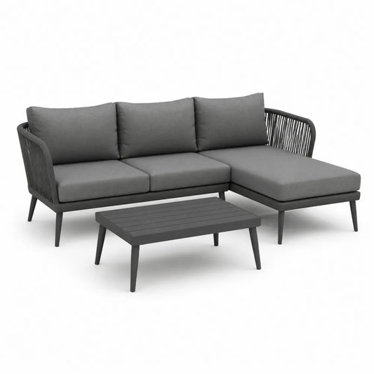 Salon de jardin canapé d’angle 3 places avec méridienne en corde tressée gris foncé structure aluminium table basse métal noir 200 cm x 140 cm x 70 cm