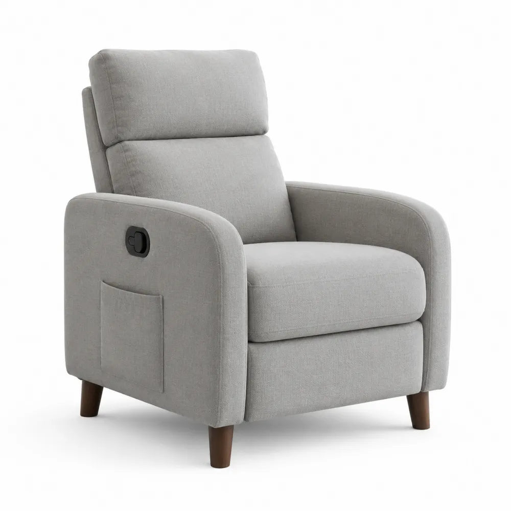 Fauteuil relax inclinable manuel repose-pieds escamotable tissu polyester gris structure bois pieds bois 75 cm x 90 cm x 105 cm